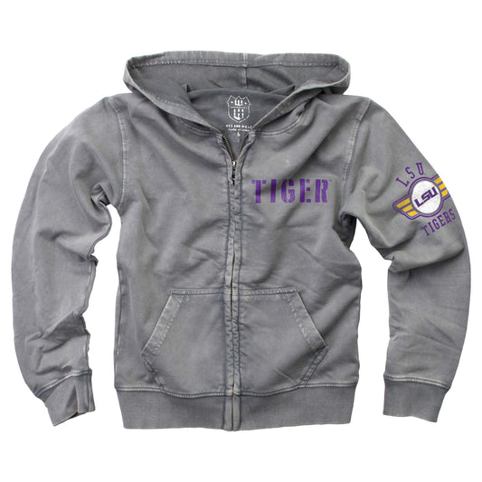 LSU Tigers Wes and Willy Boys Zip Up Hoodie Jacket Castlerock Faded Fleece