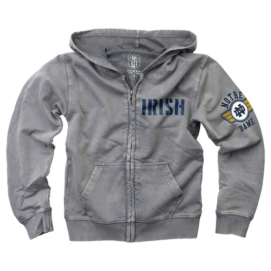 Notre Dame Fighting Irish Wes and Willy Boys Zip Up Hoodie Jacket Castlerock Faded Fleece