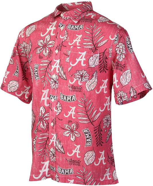 Alabama Crimson Tide Wes and Willy Mens College Hawaiian Short Sleeve Button Down Shirt Vintage Floral