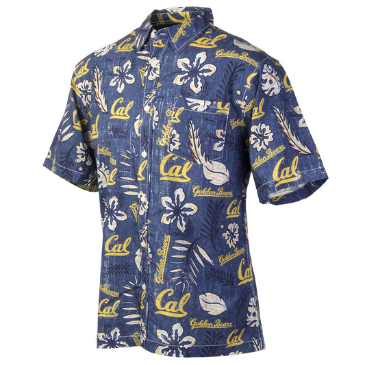 Cal Berkeley Bears Wes and Willy Mens College Hawaiian Short Sleeve Button Down Shirt Vintage Floral