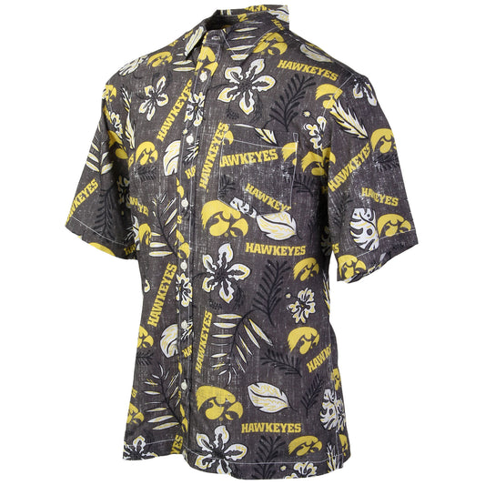 Iowa Hawkeyes Wes and Willy Mens College Hawaiian Short Sleeve Button Down Shirt Vintage Floral