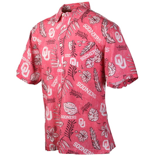 Oklahoma Sooners Wes and Willy Mens College Hawaiian Short Sleeve Button Down Shirt Vintage Floral