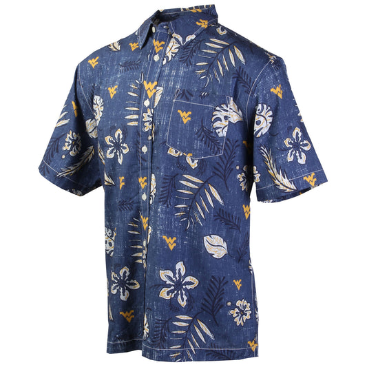 West Virginia Mountaineers Wes and Willy Mens College Hawaiian Short Sleeve Button Down Shirt Vintage Floral