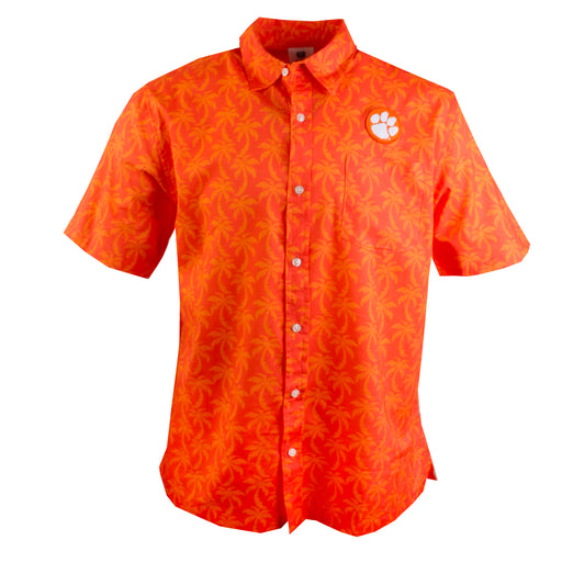 Clemson Tigers Wes and Willy Mens Palm Tree Button Up Hawaiian Shirt