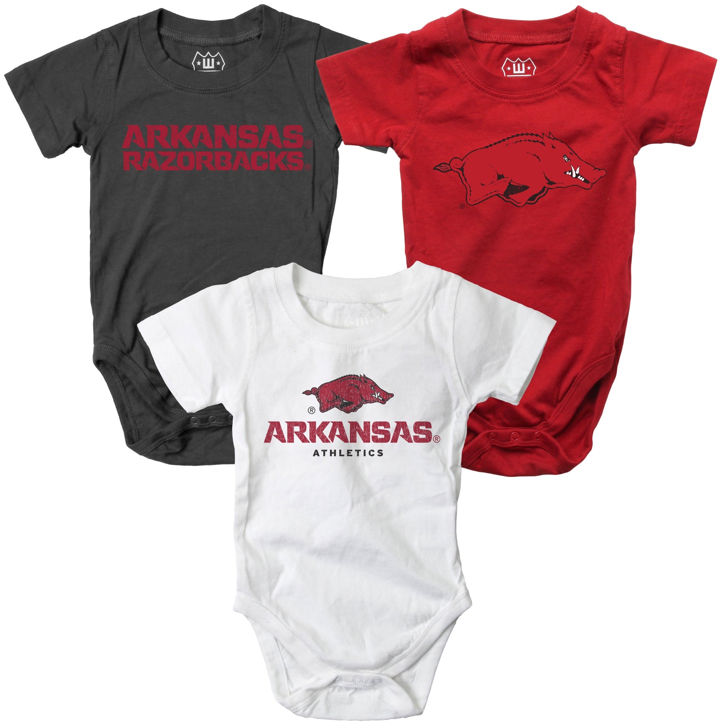 Arkansas Razorbacks Wes and Willy Baby 3 Pack Bodysuits