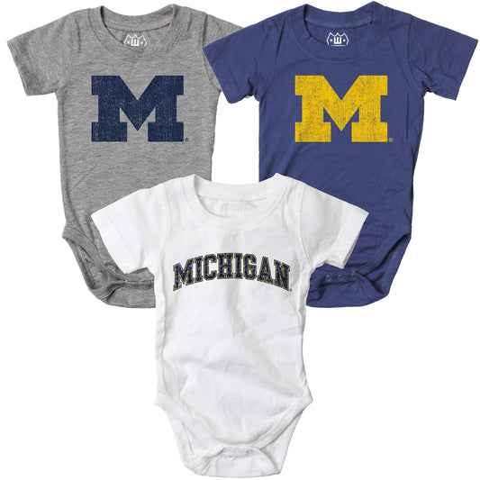 Michigan Wolverines Wes and Willy Baby 3 Pack Bodysuits