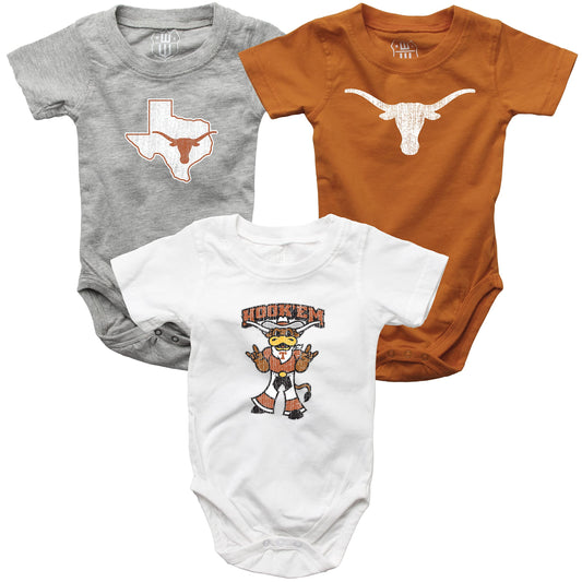 Texas Longhorns Wes and Willy Baby 3 Pack Bodysuits