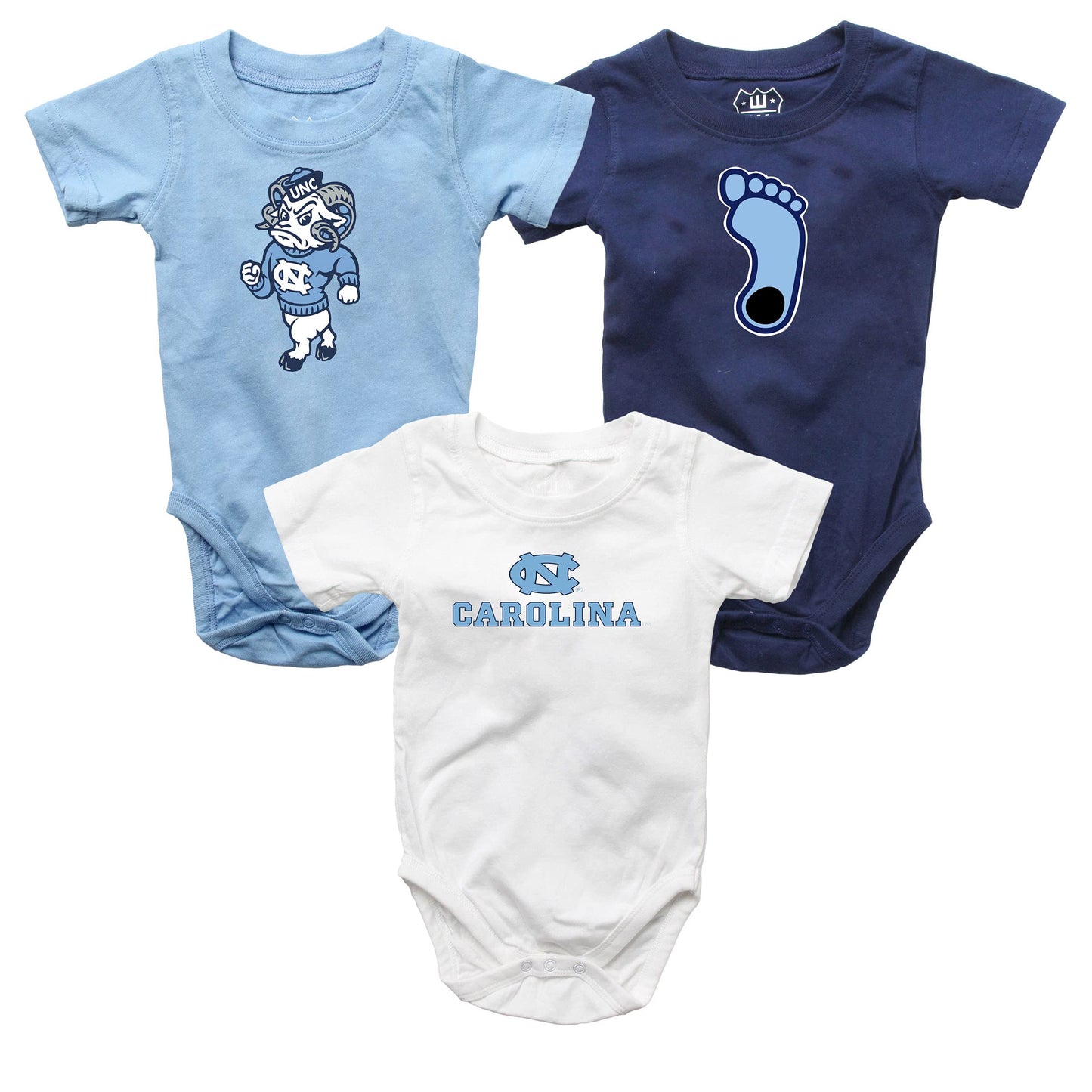 North Carolina Tar Heels Wes and Willy Baby 3 Pack Bodysuits