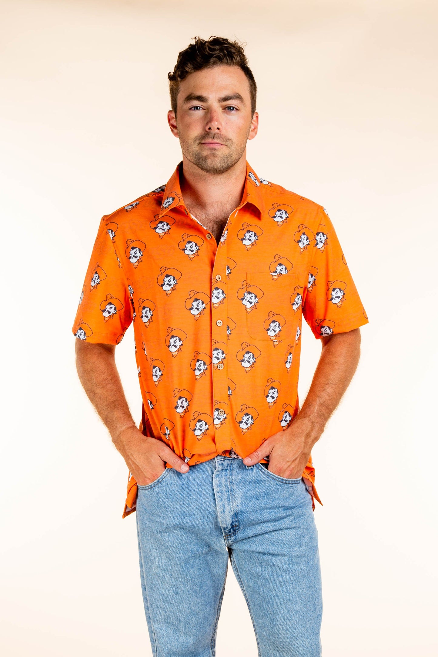 Oklahoma State Cowboys Tellum and Chop Mens Floral Hawaiian Shirt Orange Pistol Pete