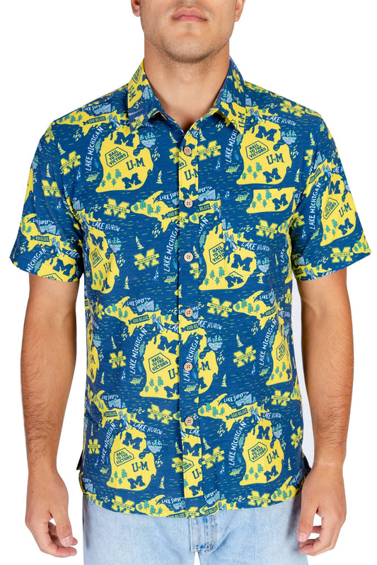 Michigan Wolverines Tellum and Chop Mens Floral Hawaiian Shirt Navy