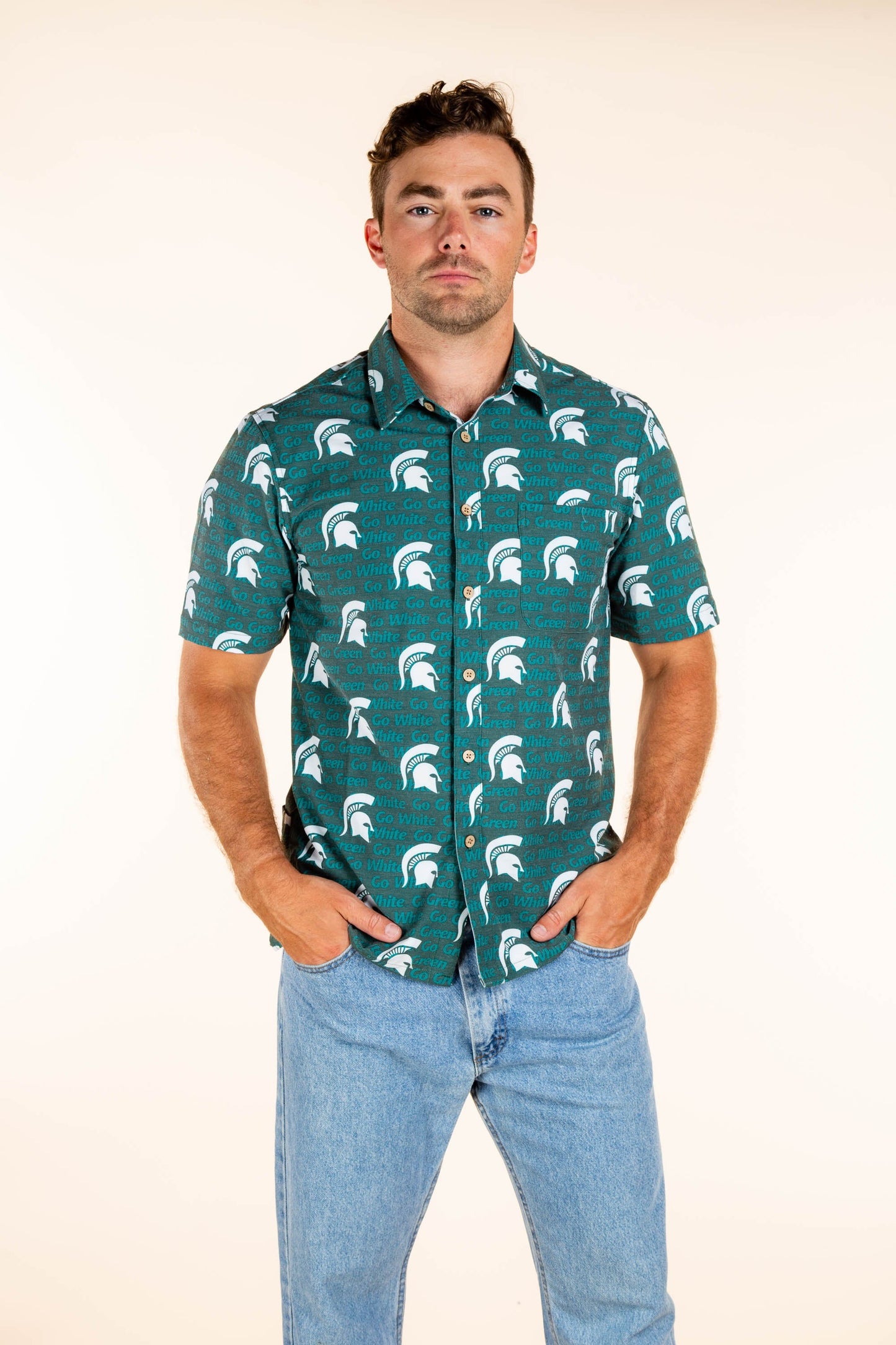 Michigan State Spartans Tellum and Chop Mens Floral Hawaiian Shirt Green Logo